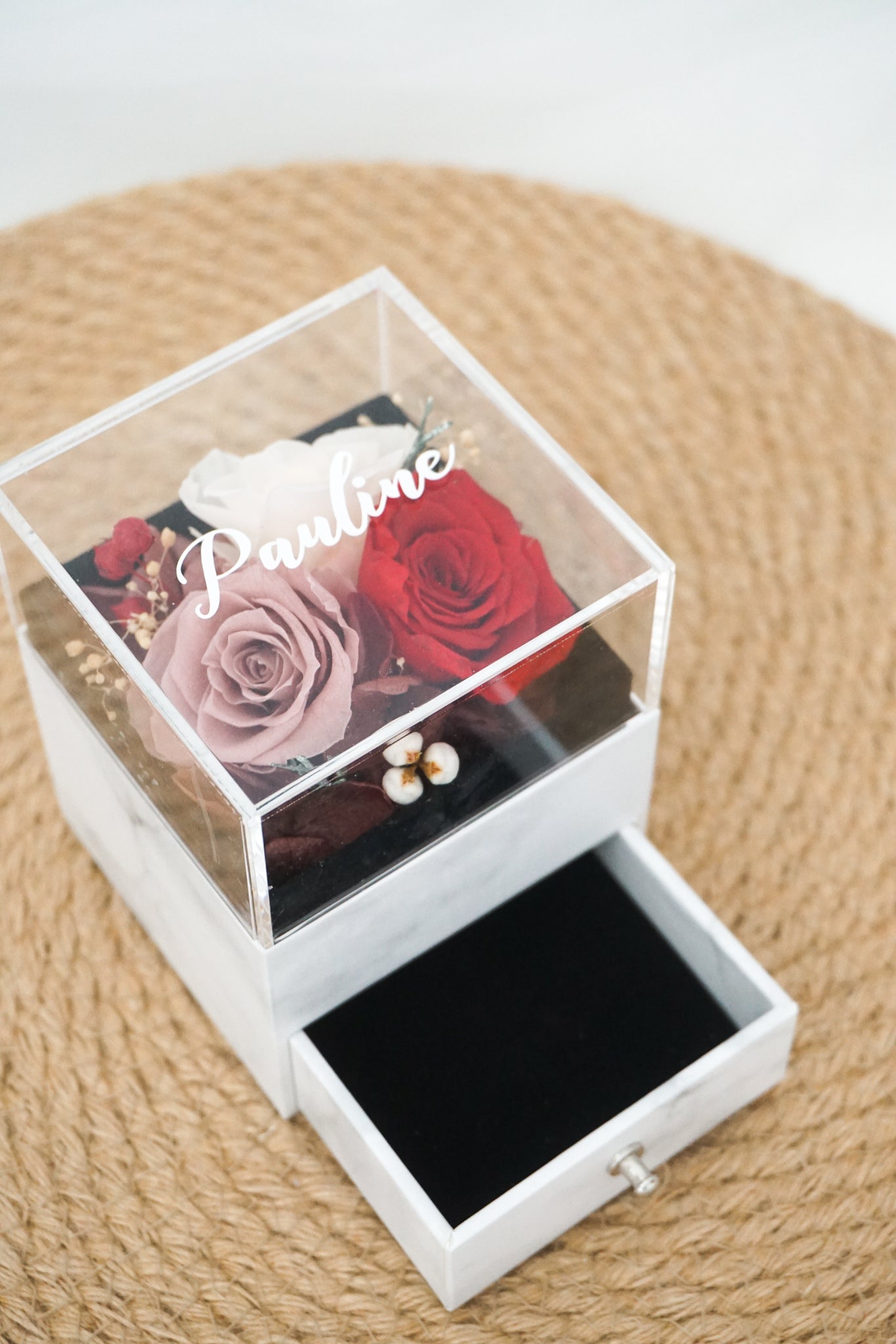 Customised Acrylic Accessories Box with Preserved Flowers (Red, Pink, Cream)