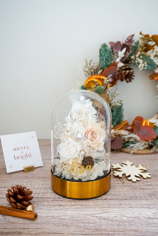 Customised Christmas Tree Preserved Floral Glass Dome with Light (White Peach)