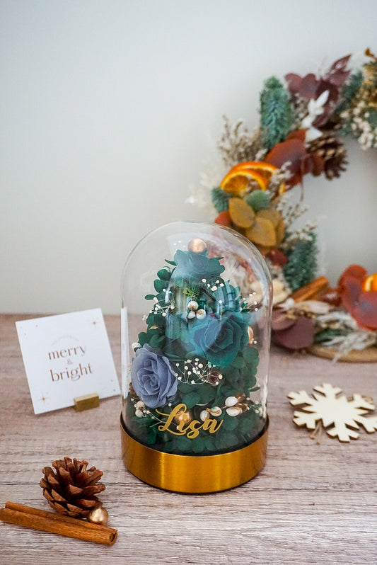 Customised Christmas Tree Preserved Floral Glass Dome with Light (Green Blue)