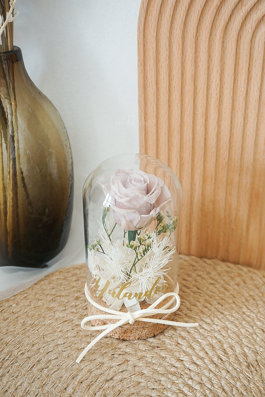 Mini Preserved Floral Glass Dome (Latte Rose, no lights)