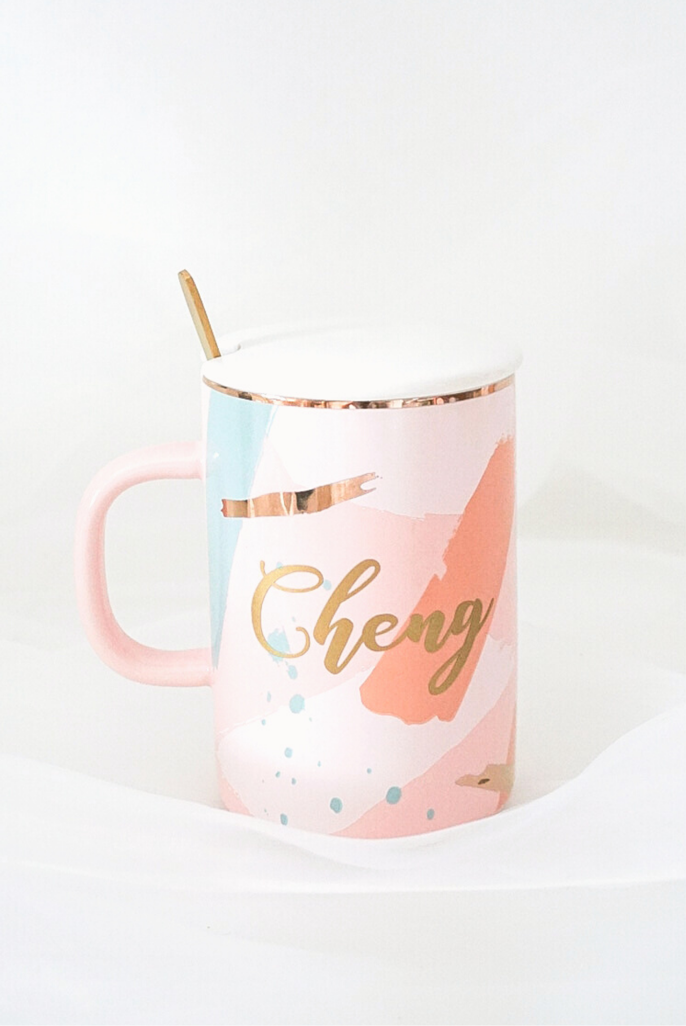 Customised Mug with Lid and Spoon - Light Pink Brushstrokes