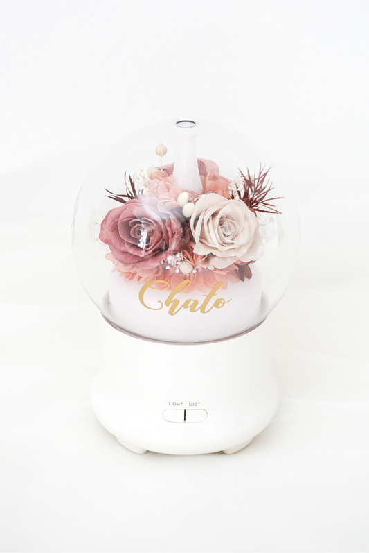 Customised Aroma Diffuser/Humidifier with Maroon-Cappuccino Preserved Flowers, Light and Mist