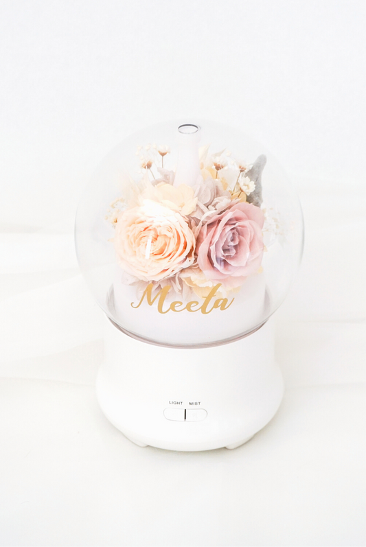 Customised Aroma Diffuser/Humidifier with Peach-Pink-Cream Preserved Flowers, Light and Mist