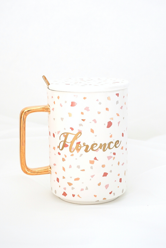Customised Mug with Lid and Spoon - Pink-Red Terrazzo Print