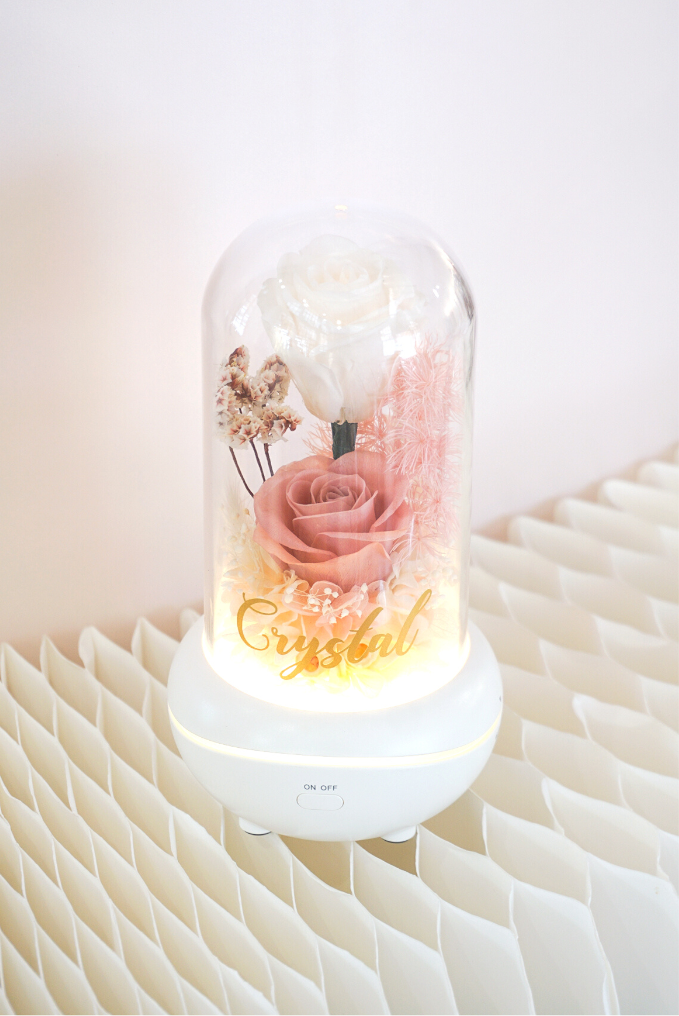 Customised Tall Aroma Diffuser with Light (Medium Pink & Cream Preserved Roses)