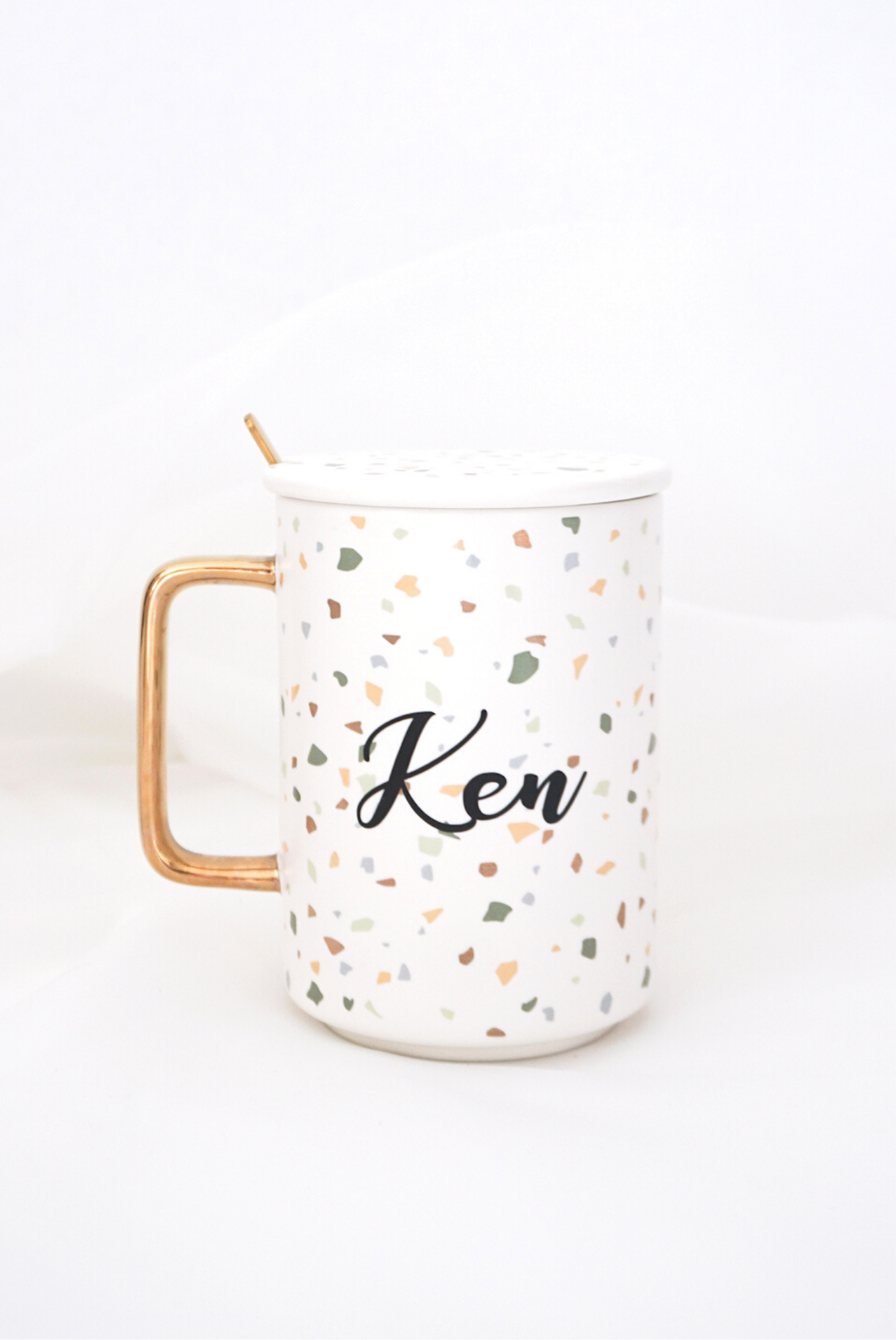 Customised Mug with Lid and Spoon - Green Terrazzo Print