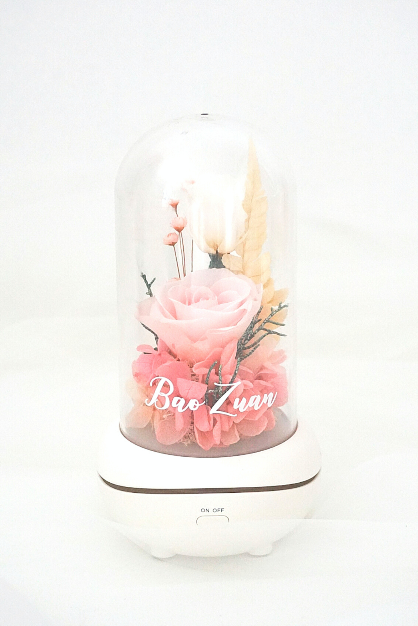 Customised Tall Aroma Diffuser with Light (Light Pink & White Preserved Roses)